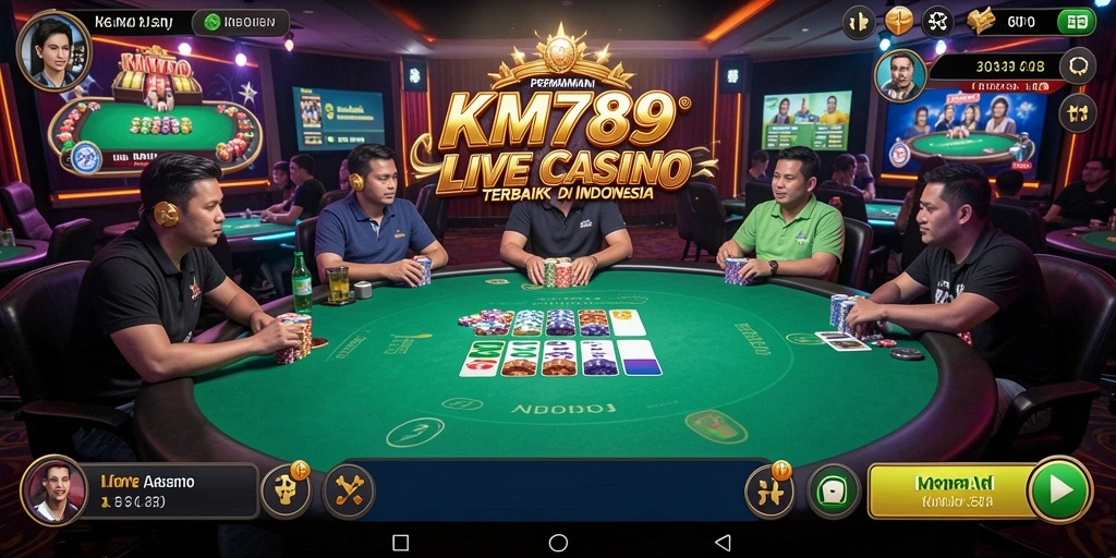 Screenshot gameplay KM789 yang menampilkan dealer dan meja permainan Live Casino.