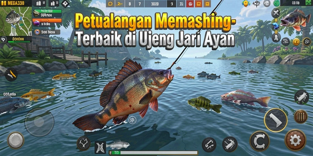 Screenshot gameplay MEGA338 dengan aksi memancing yang mendebarkan.