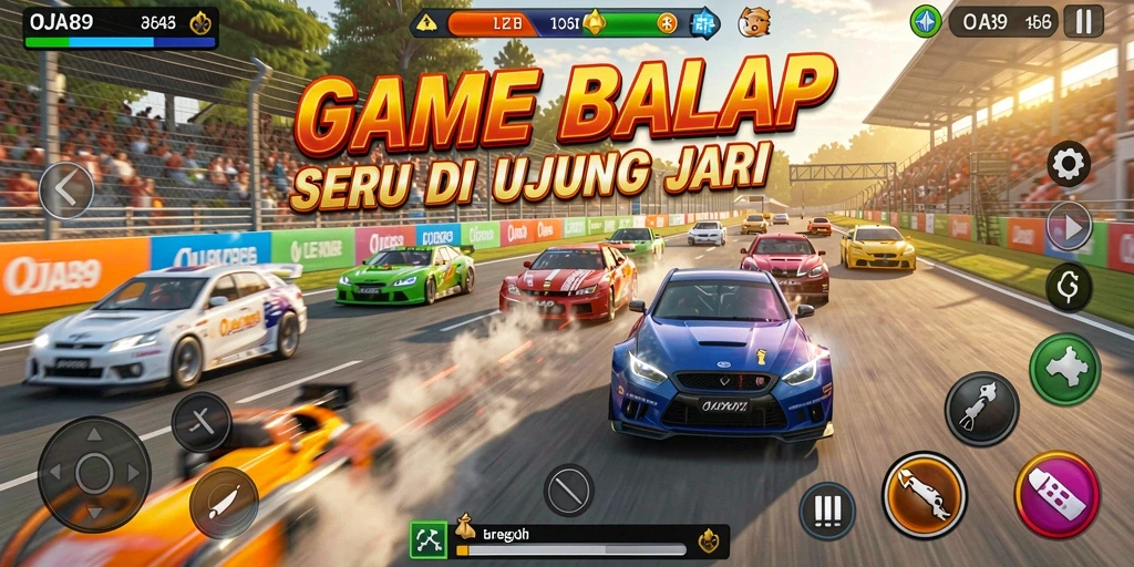 Screenshot utama OJA89 menampilkan aksi balapan seru dengan kendaraan yang cepat.