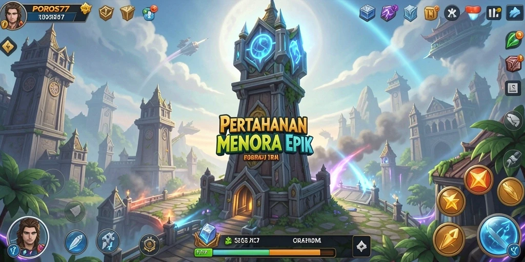 Menampilkan pertarungan seru dalam permainan Tower Defense.